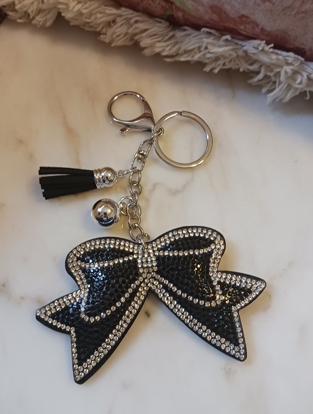 NWOT Black Fabric Bow Bag Charm With Rhinestones, Large Silvertone Key Chain